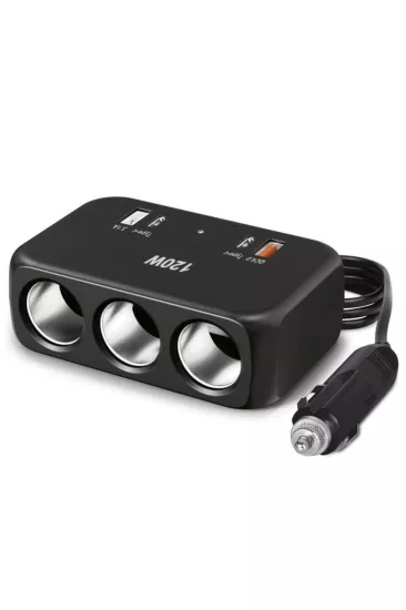 TORIMA G18 2x Type-C USB QC4.0 & 3 Çakmaklık Girişli 120W Çoklu Çıkışlı Araç İçi Şarj Cihazı Siyah